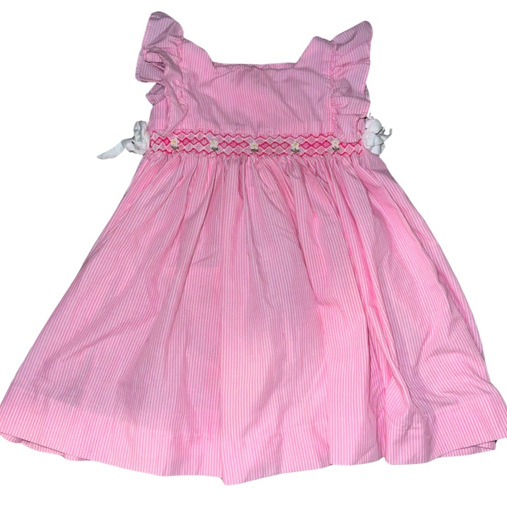 Pink Seersucker Smocked Daisy Waist Ruffle Sleeve Dress Size 3T 100% Cotton